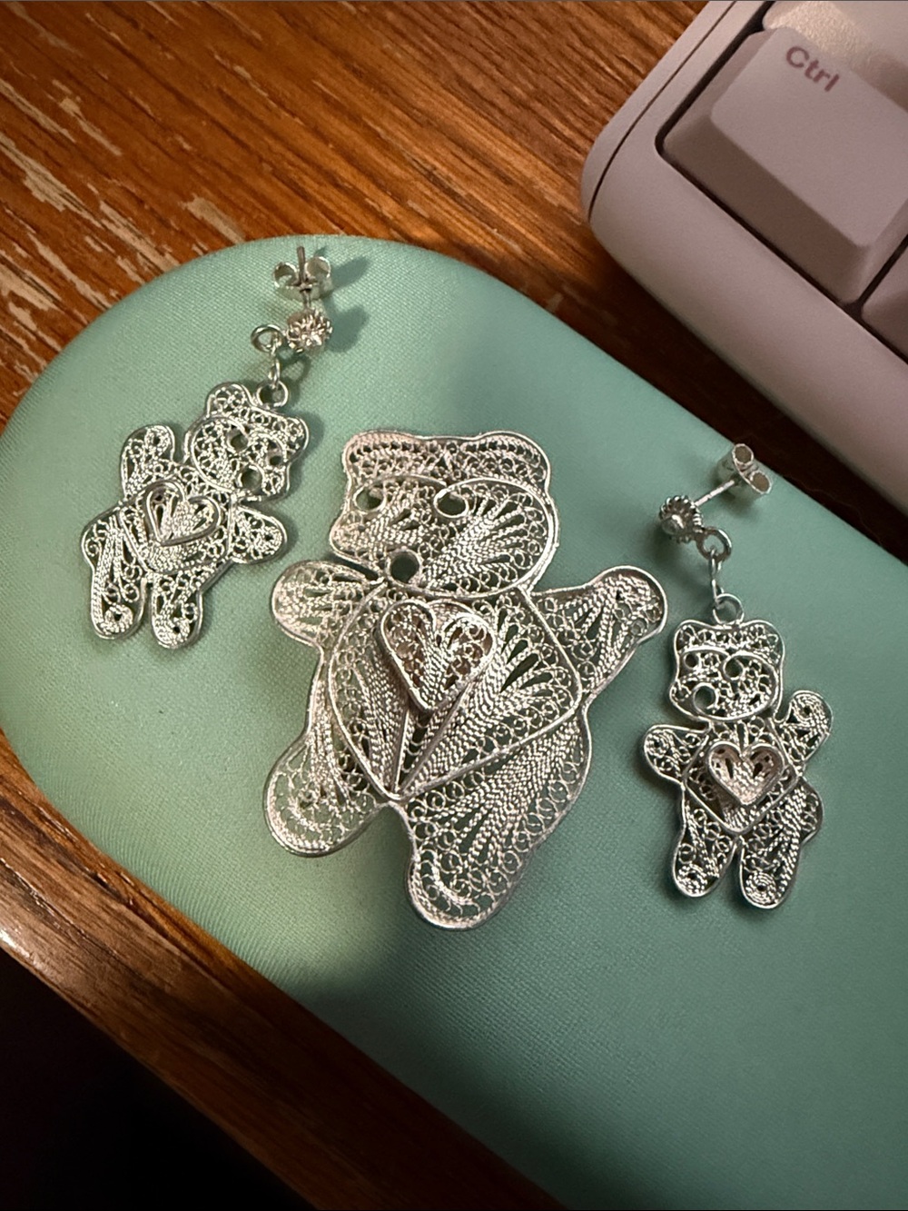 Filigree Teddy Bear Pendant & Earrings Set - Silver